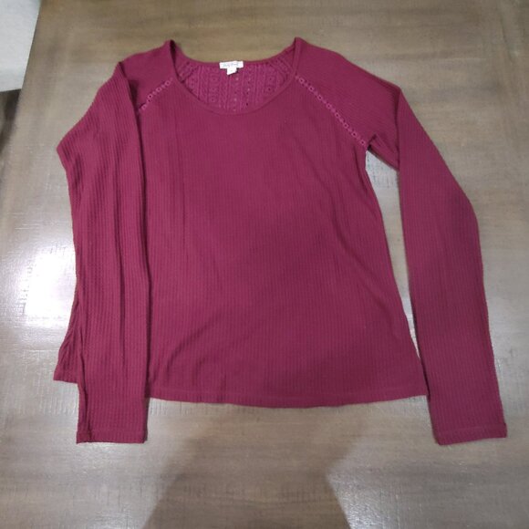 Lucky Brand Shirt Womens XL Boho Thermal Waffle Knit Lace Back Tulip Hem Red - Picture 1 of 10